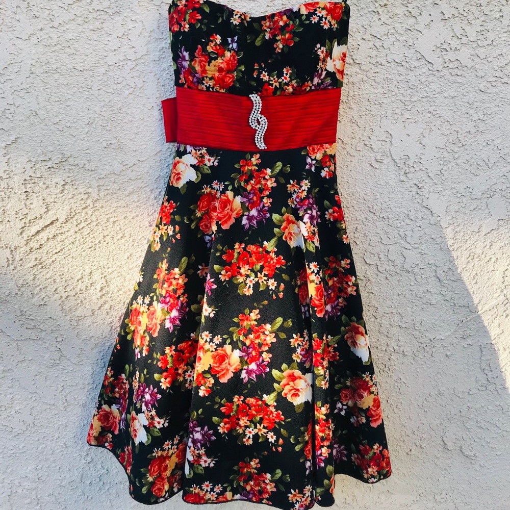 Black & Floral Print Dress w/ a Red Belt & Brooch